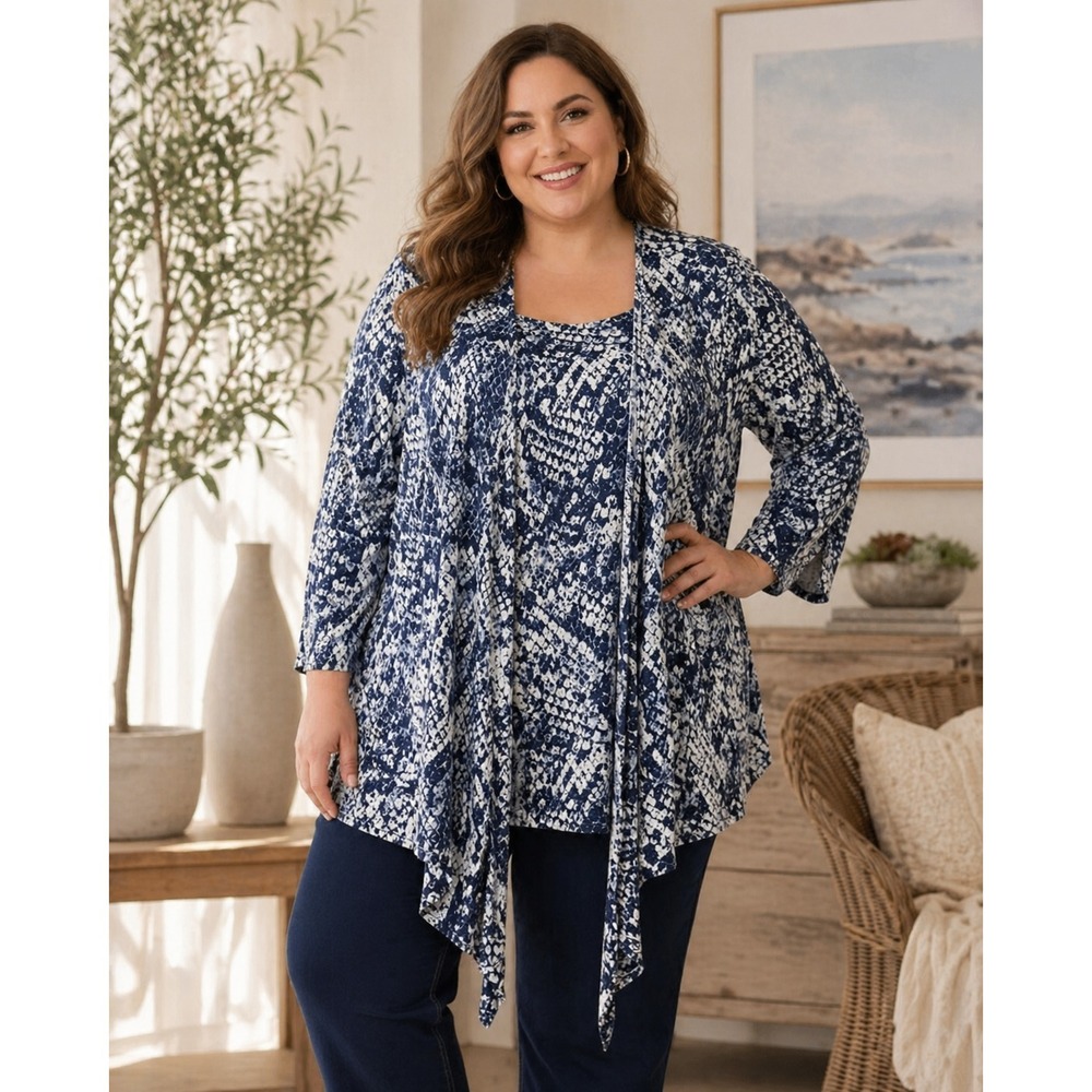 Belle Kim Gravel Printed Slub Knit Shrug and Tank Set Indigo Snake Plus Size 4X